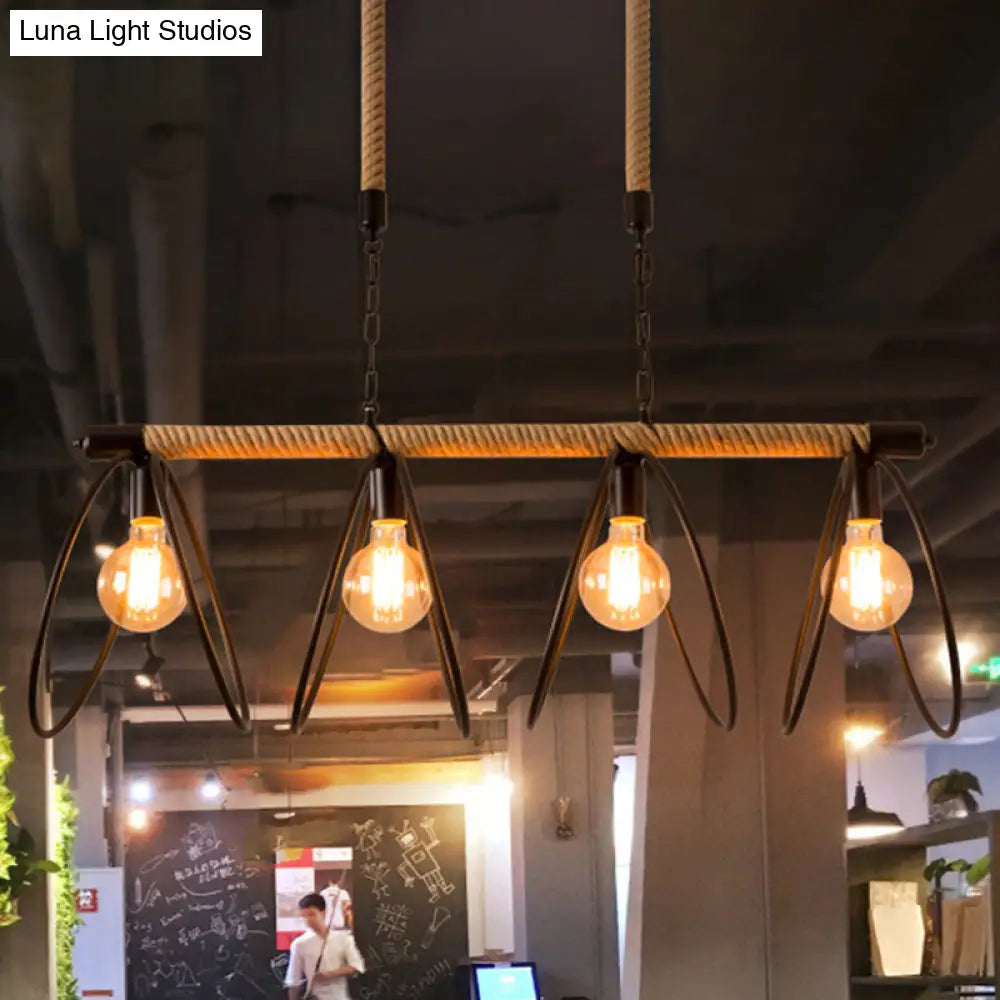 Rijl al Awwa - Open 4 Lights Rope Chandelier Factory Black Finish Open Bulb Restaurant Pendant Light  with/without Ring Deco