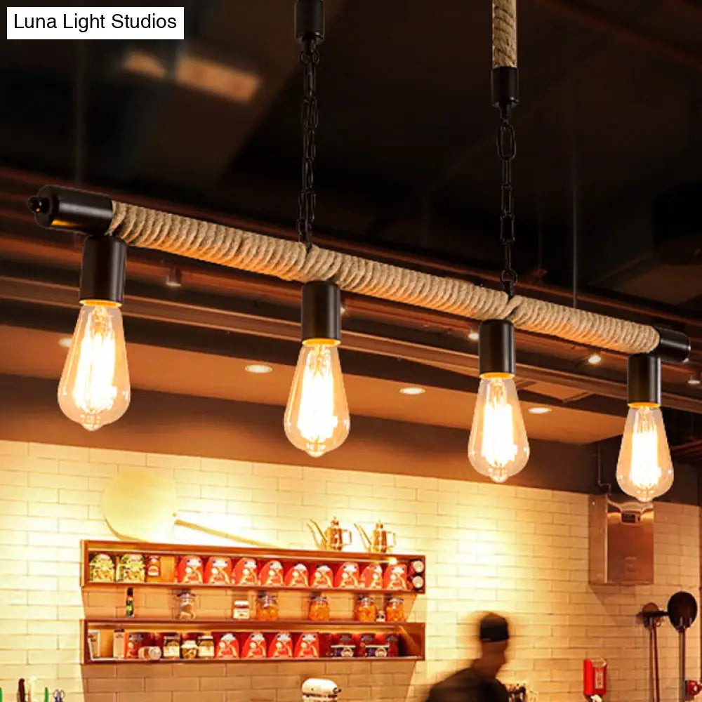 Rijl al Awwa - Open 4 Lights Rope Chandelier Factory Black Finish Open Bulb Restaurant Pendant Light  with/without Ring Deco