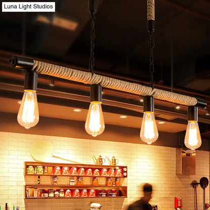 Rijl al Awwa - Open 4 Lights Rope Chandelier Factory Black Finish Open Bulb Restaurant Pendant Light  with/without Ring Deco