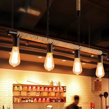 Rijl al Awwa - Open 4 Lights Rope Chandelier Factory Black Finish Open Bulb Restaurant Pendant Light  with/without Ring Deco