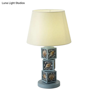 Riley - Resin Stacked Cube Desk Lighting Mediterranean Resin 1 Bulb Light/Sky Blue Night Lamp with Barrel Fabric Shade