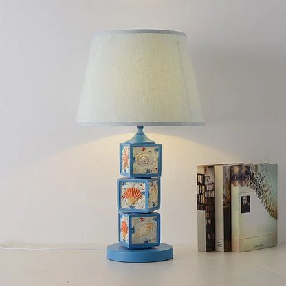 Riley - Resin Stacked Cube Desk Lighting Mediterranean Resin 1 Bulb Light/Sky Blue Night Lamp with Barrel Fabric Shade