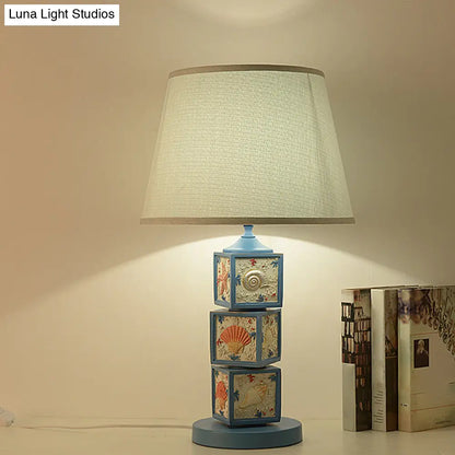 Riley - Resin Stacked Cube Desk Lighting Mediterranean Resin 1 Bulb Light/Sky Blue Night Lamp with Barrel Fabric Shade