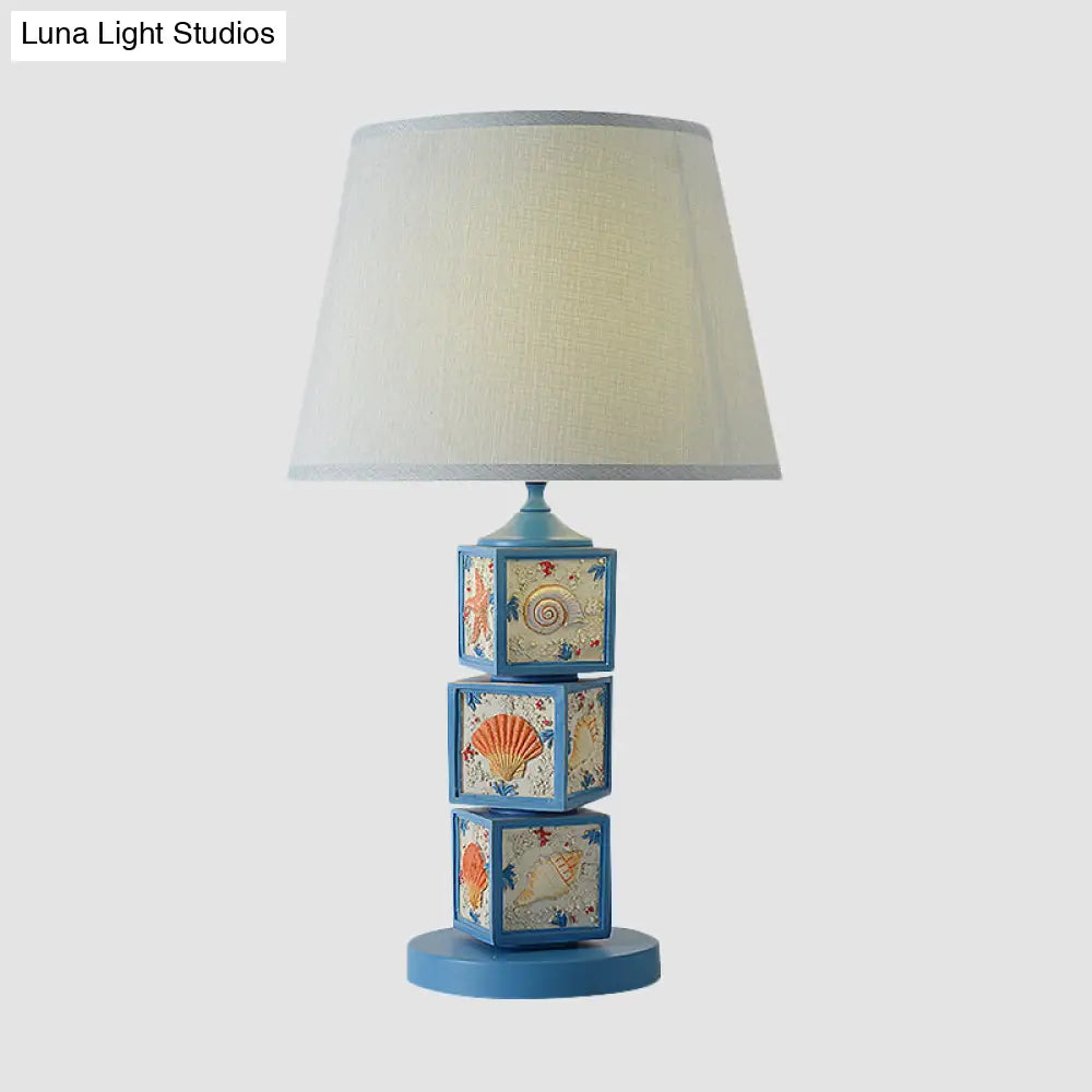 Riley - Resin Stacked Cube Desk Lighting Mediterranean Resin 1 Bulb Light/Sky Blue Night Lamp with Barrel Fabric Shade