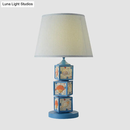 Riley - Resin Stacked Cube Desk Lighting Mediterranean Resin 1 Bulb Light/Sky Blue Night Lamp with Barrel Fabric Shade