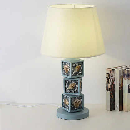 Riley - Resin Stacked Cube Desk Lighting Mediterranean Resin 1 Bulb Light/Sky Blue Night Lamp with Barrel Fabric Shade