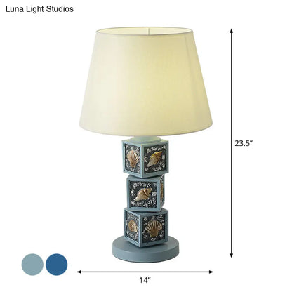 Riley - Resin Stacked Cube Desk Lighting Mediterranean Resin 1 Bulb Light/Sky Blue Night Lamp with Barrel Fabric Shade