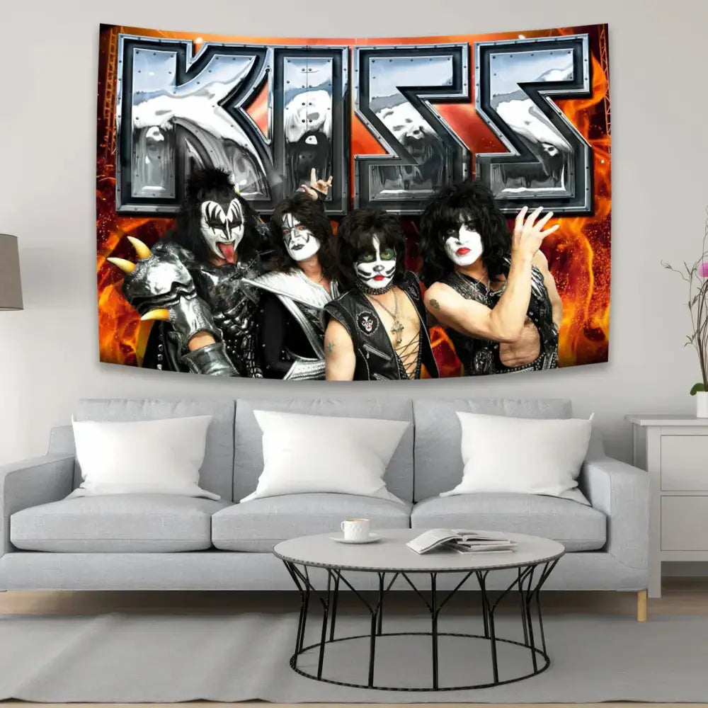 Rock kiss band canvas tapestry featuring vibrant orange and black decorbites kiss band design for living room wall art