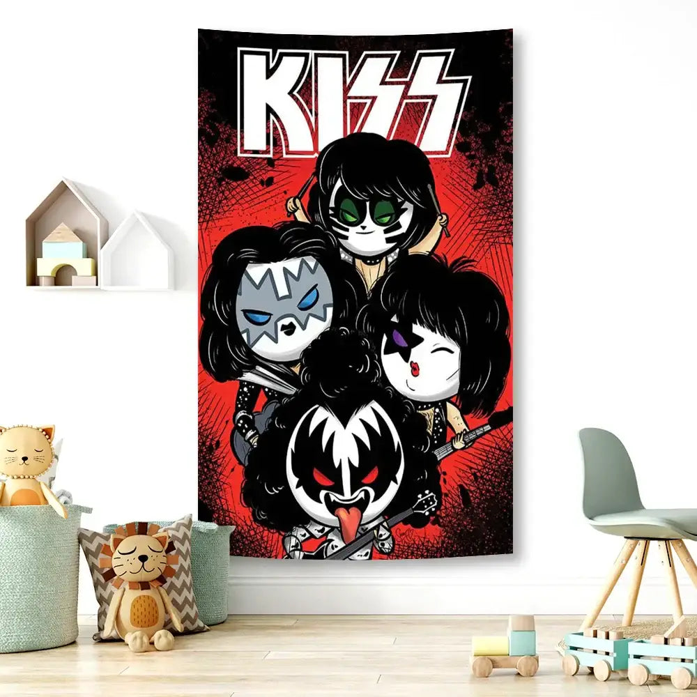 A vibrant red kiss band canvas tapestry featuring cartoon-style caricatures for living room decorbites kiss band wall art