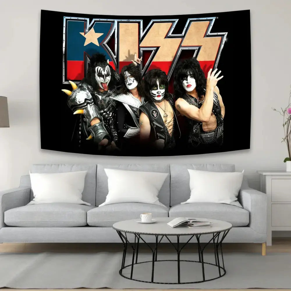 Rock kiss band canvas tapestry featuring four members in iconic makeup against texas flag for living room decorbites kiss band