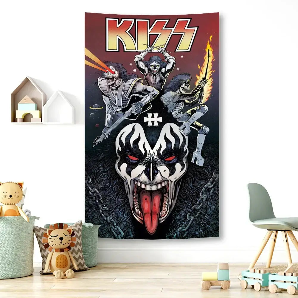 Rock kiss band canvas tapestry featuring black and silver skull with red eyes and band members for living room decorbites kiss band decor