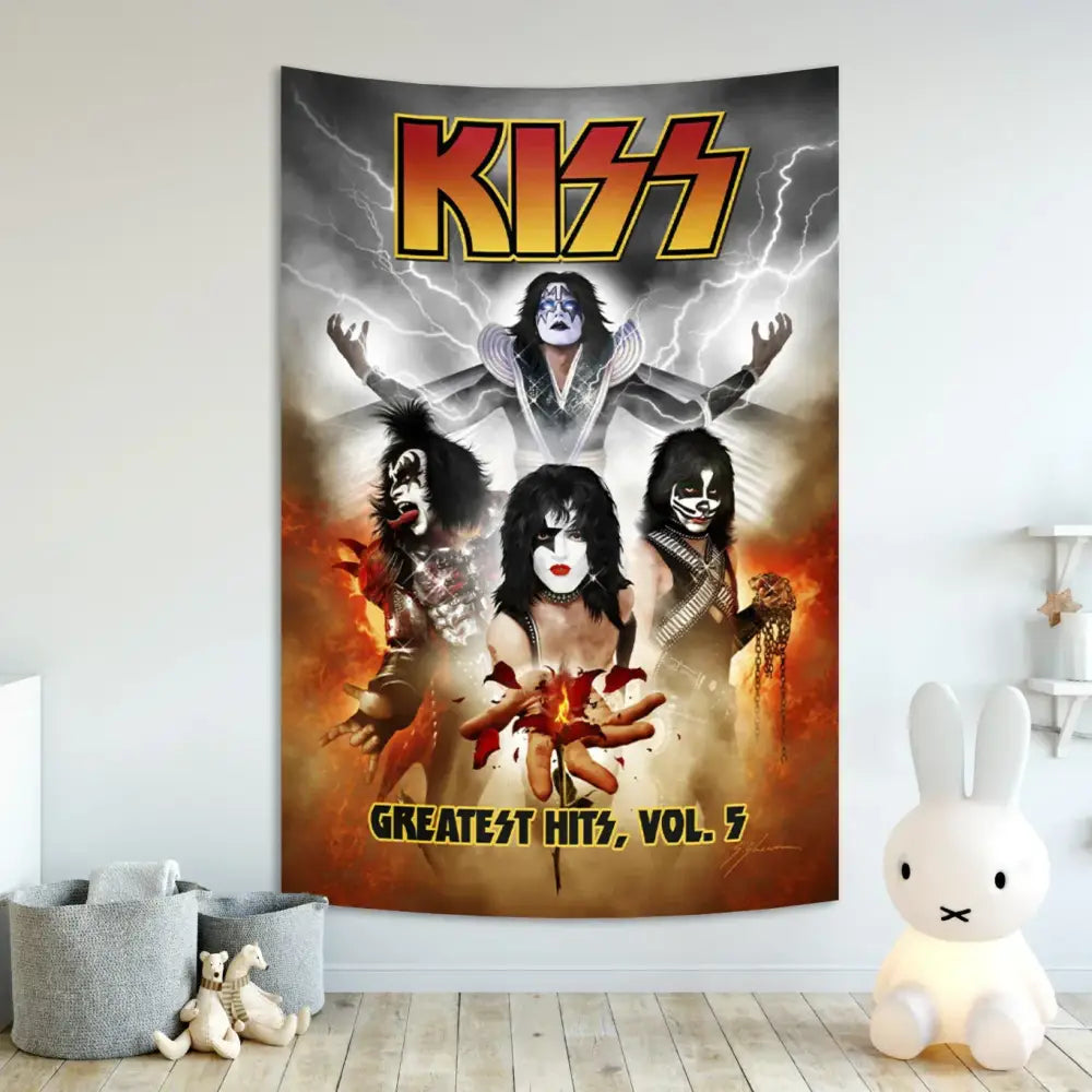 A vibrant black and silver kiss band canvas tapestry featuring greatest hits vol for living room decorbites kiss band decor