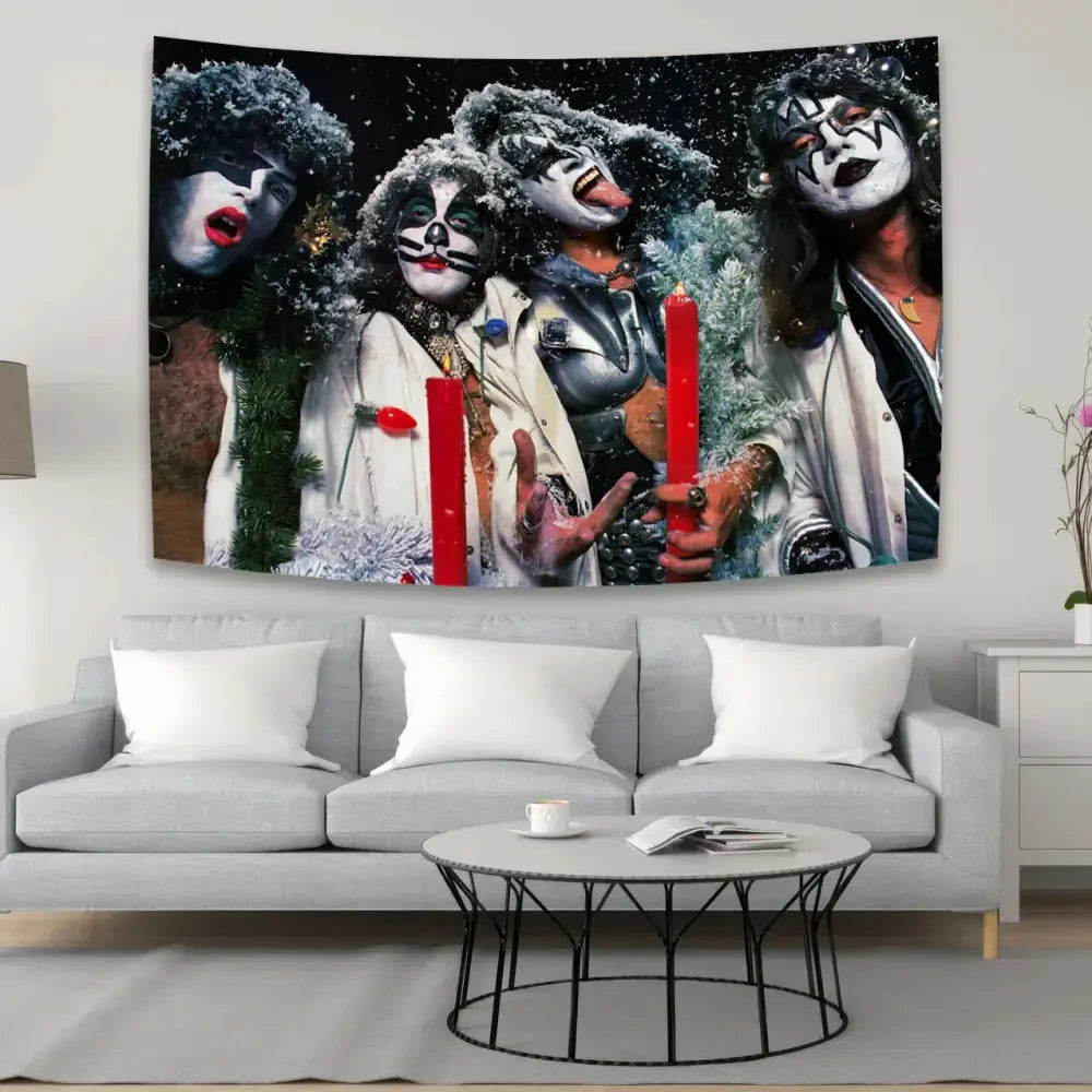 Rock kiss band canvas tapestry featuring four members in iconic makeup with snowy holiday decor and red candles