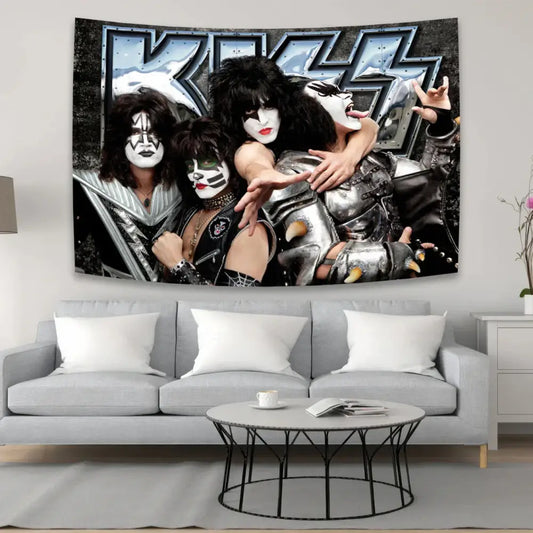 Black and silver kiss band canvas tapestry featuring iconic makeup hanging above gray sofa for living room decorbites kiss band decor
