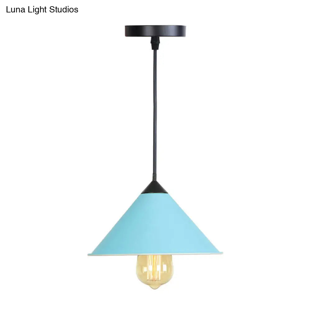 Roll-Edged Conical Iron Pendant Lamp in Pink/Blue/Grey - Loft Style for Single Dining Room