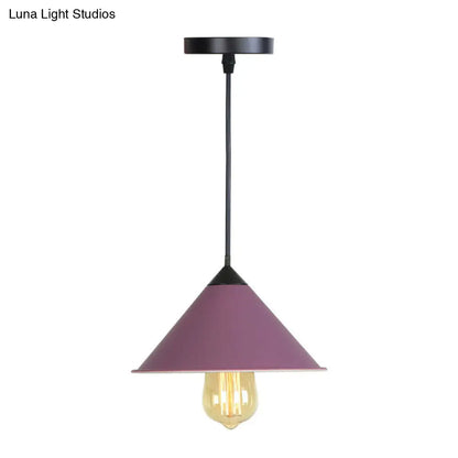 Roll-Edged Conical Iron Pendant Lamp in Pink/Blue/Grey - Loft Style for Single Dining Room