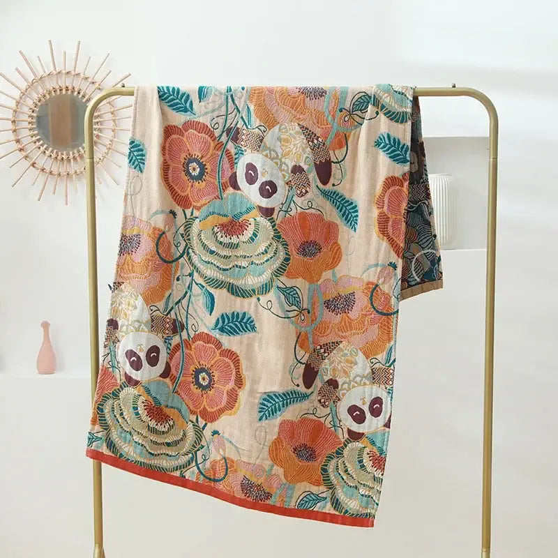 Romantic beige and black floral cotton bath towel with embroidered panda pattern in cream cotton bath towel for bathroom decor