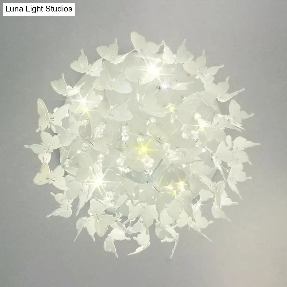 DecorBites™ DecorBites™ Romantic Butterfly Crystal Flush Ceiling Light for Shop - Round Metal White Ceiling Fixture