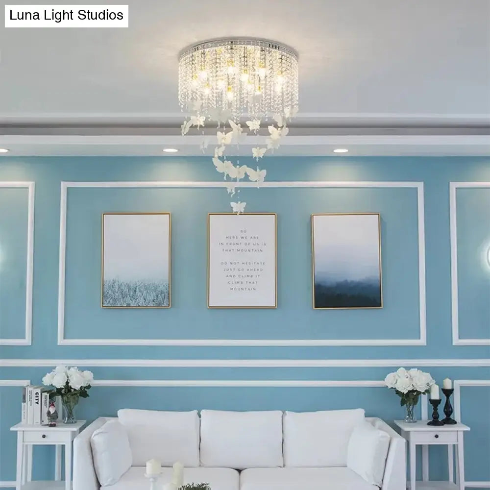DecorBites™ DecorBites™ Romantic Butterfly Crystal Flush Ceiling Light for Shop - Round Metal White Ceiling Fixture