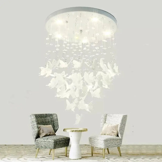 DecorBites™ DecorBites™ Romantic Butterfly Crystal Flush Ceiling Light for Shop - Round Metal White Ceiling Fixture