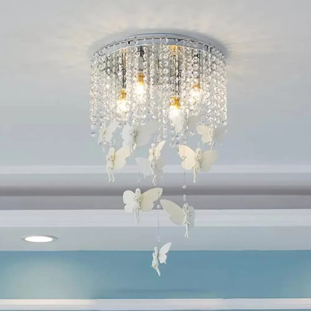 DecorBites™ DecorBites™ Romantic Butterfly Crystal Flush Ceiling Light for Shop - Round Metal White Ceiling Fixture