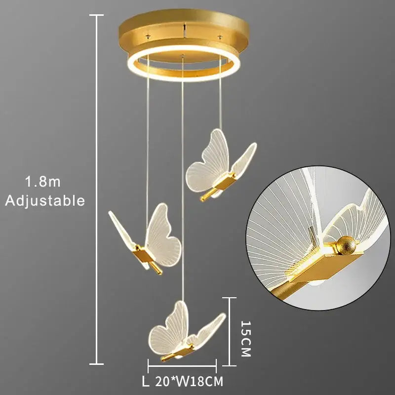 Romantic gold butterfly led chandelier with three translucent white butterfly pendant lamps by decorbites butterfly led