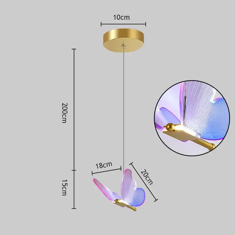 Romantic gold butterfly led chandelier with translucent purple and blue wings and brass mount by decorbites butterfly led