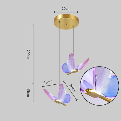 Romantic gold butterfly led chandelier featuring a translucent purple and blue decorbites butterfly led pendant light with brass mount