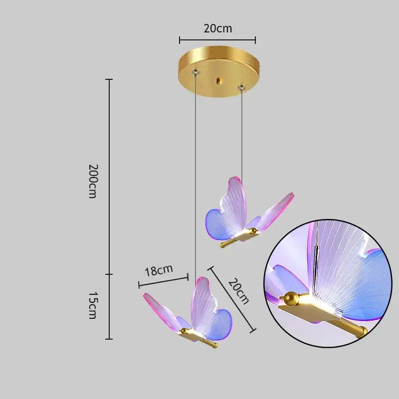 Romantic gold butterfly led chandelier featuring a translucent purple and blue decorbites butterfly led pendant light with brass mount