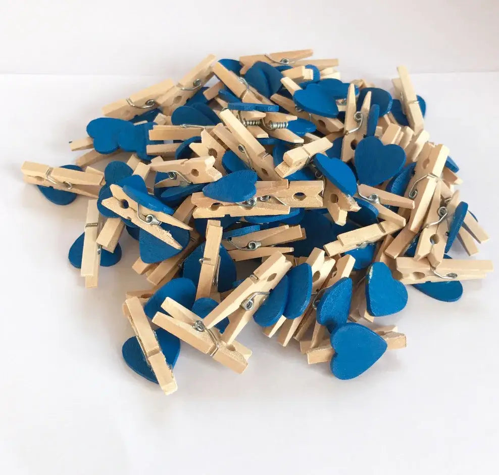 Blue romantic heart shape wood clips with natural wood accents ideal for multi color bedroom decor