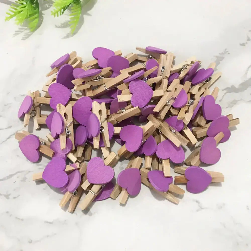 Purple romantic heart shape wood clips with natural wooden clothespin clips for multi color bedroom decor