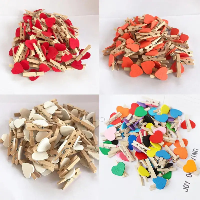 Wood clips featuring romantic heart shape design with colorful felt hearts in red orange white and rainbow hues for decor