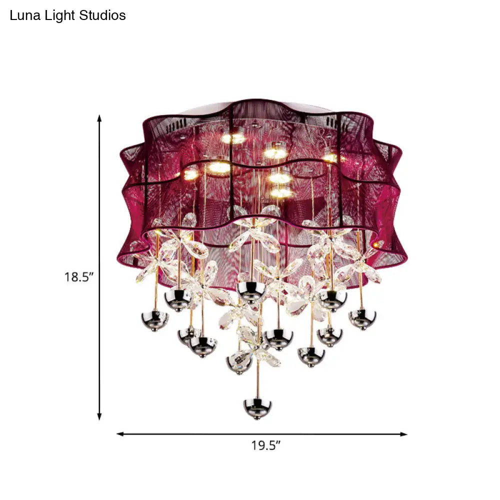 DecorBites™ DecorBites™ Romantic Modern Red Flushmount Lamp - Fabric Bedroom LED Ceiling Light with Dangling Crystals