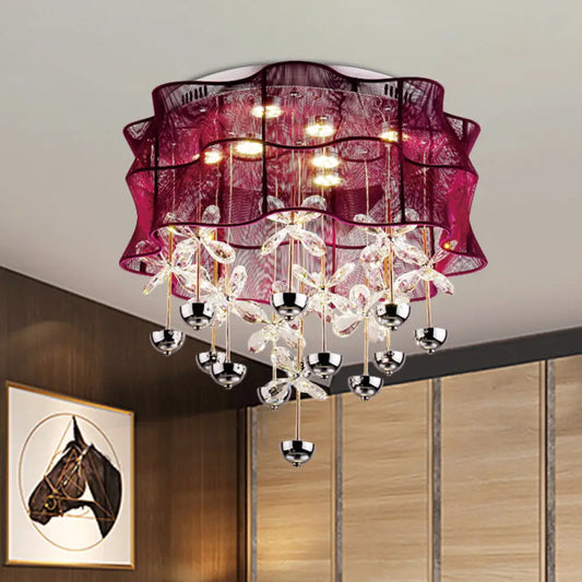 DecorBites™ DecorBites™ Romantic Modern Red Flushmount Lamp - Fabric Bedroom LED Ceiling Light with Dangling Crystals