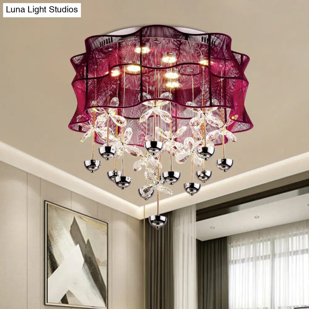DecorBites™ DecorBites™ Romantic Modern Red Flushmount Lamp - Fabric Bedroom LED Ceiling Light with Dangling Crystals