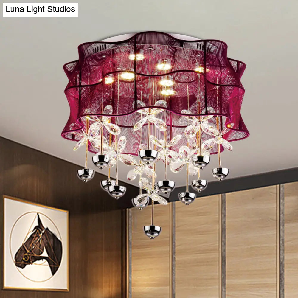 DecorBites™ DecorBites™ Romantic Modern Red Flushmount Lamp - Fabric Bedroom LED Ceiling Light with Dangling Crystals