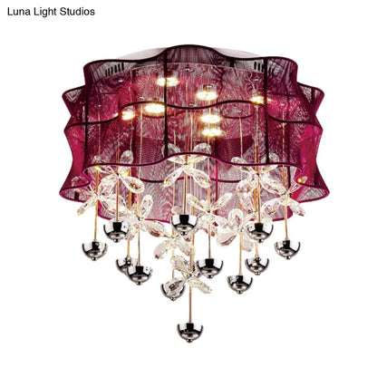 DecorBites™ DecorBites™ Romantic Modern Red Flushmount Lamp - Fabric Bedroom LED Ceiling Light with Dangling Crystals
