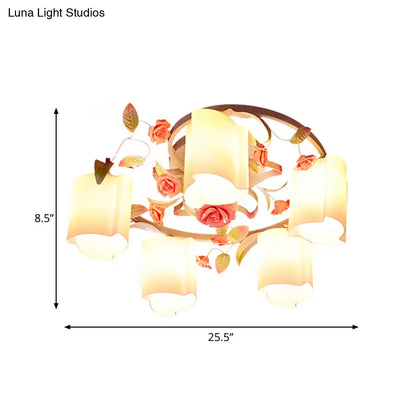 DecorBites™ DecorBites™ Romantic Pastoral Floral Ceiling Flush Chandelier - 3/5-Head, White/Yellow with Frosted Glass - Semi Flush Mount