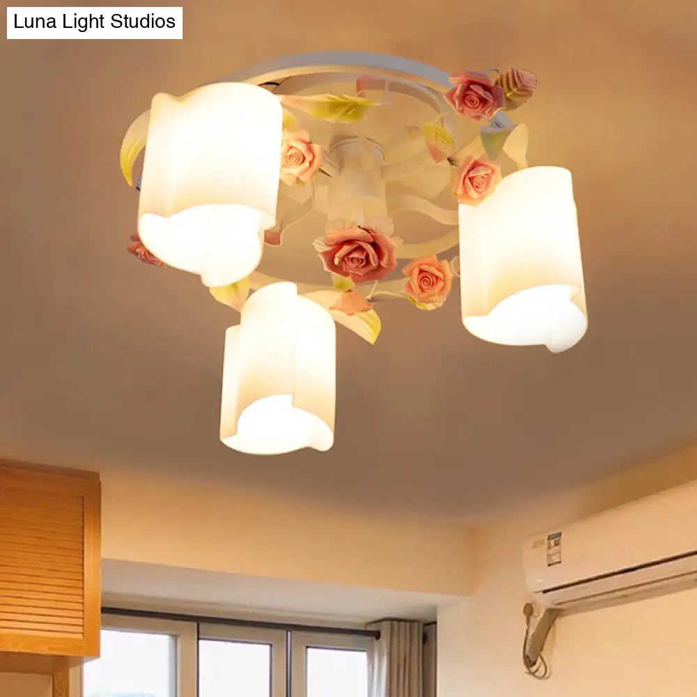 DecorBites™ DecorBites™ Romantic Pastoral Floral Ceiling Flush Chandelier - 3/5-Head, White/Yellow with Frosted Glass - Semi Flush Mount