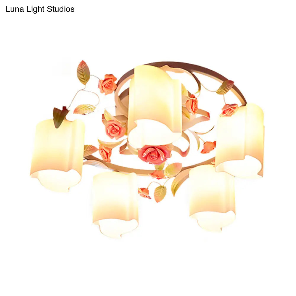 DecorBites™ DecorBites™ Romantic Pastoral Floral Ceiling Flush Chandelier - 3/5-Head, White/Yellow with Frosted Glass - Semi Flush Mount