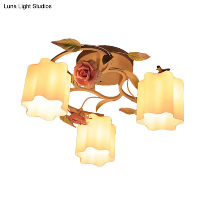 DecorBites™ DecorBites™ Romantic Pastoral Floral Ceiling Flush Chandelier - 3/5-Head, White/Yellow with Frosted Glass - Semi Flush Mount