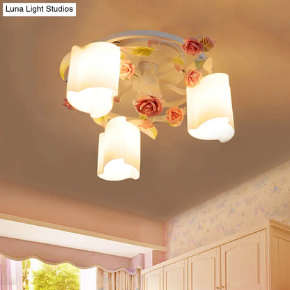 DecorBites™ DecorBites™ Romantic Pastoral Floral Ceiling Flush Chandelier - 3/5-Head, White/Yellow with Frosted Glass - Semi Flush Mount