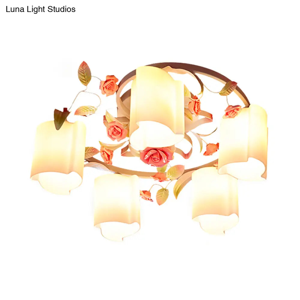 DecorBites™ DecorBites™ Romantic Pastoral Floral Ceiling Flush Chandelier - 3/5-Head, White/Yellow with Frosted Glass - Semi Flush Mount
