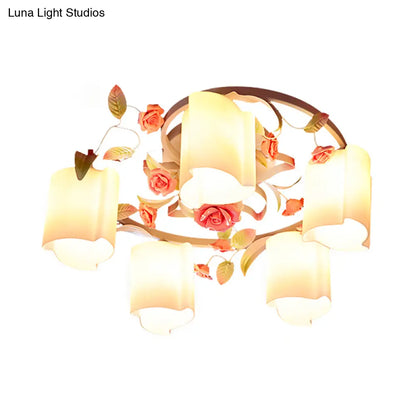 DecorBites™ DecorBites™ Romantic Pastoral Floral Ceiling Flush Chandelier - 3/5-Head, White/Yellow with Frosted Glass - Semi Flush Mount