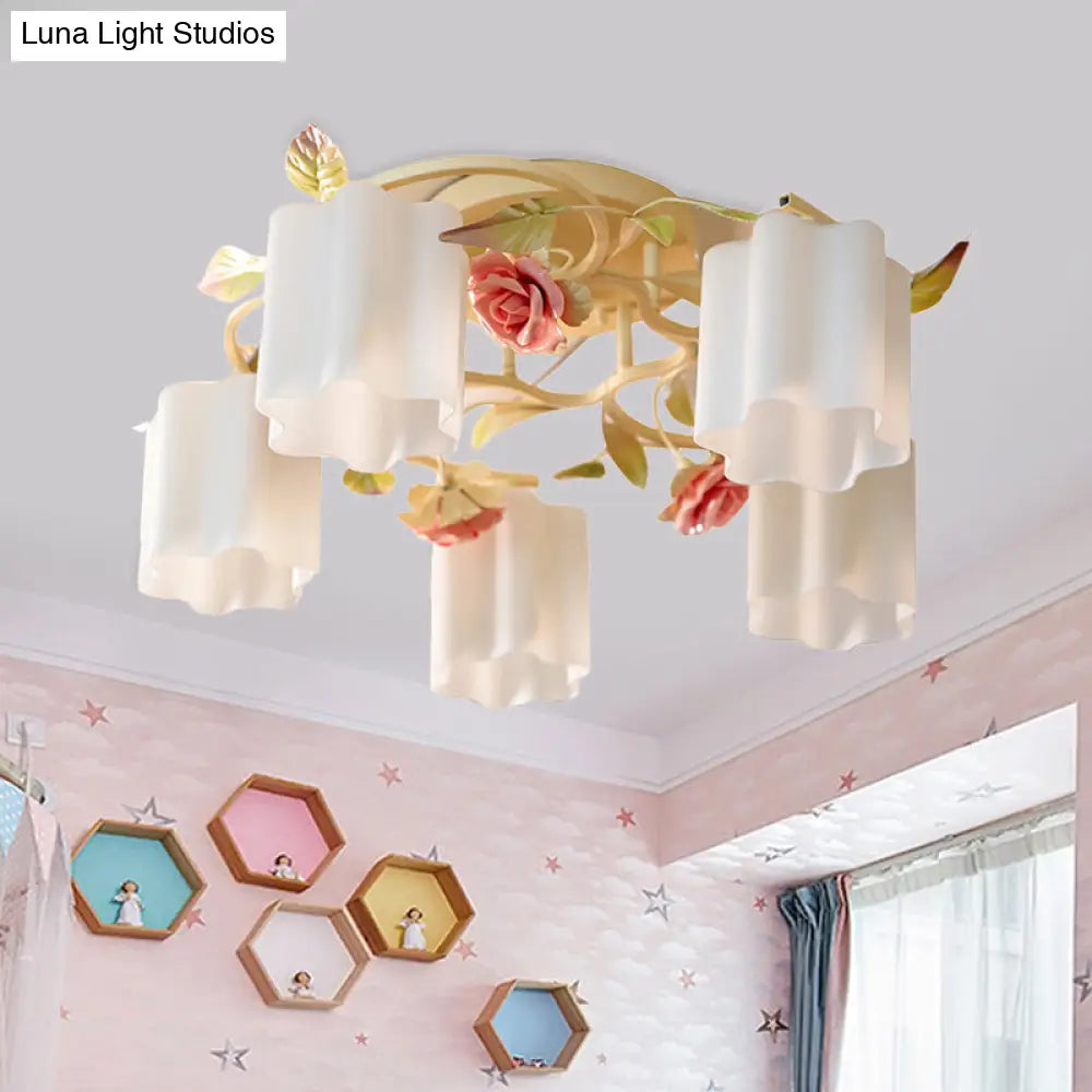DecorBites™ DecorBites™ Romantic Pastoral Floral Ceiling Flush Chandelier - 3/5-Head, White/Yellow with Frosted Glass - Semi Flush Mount