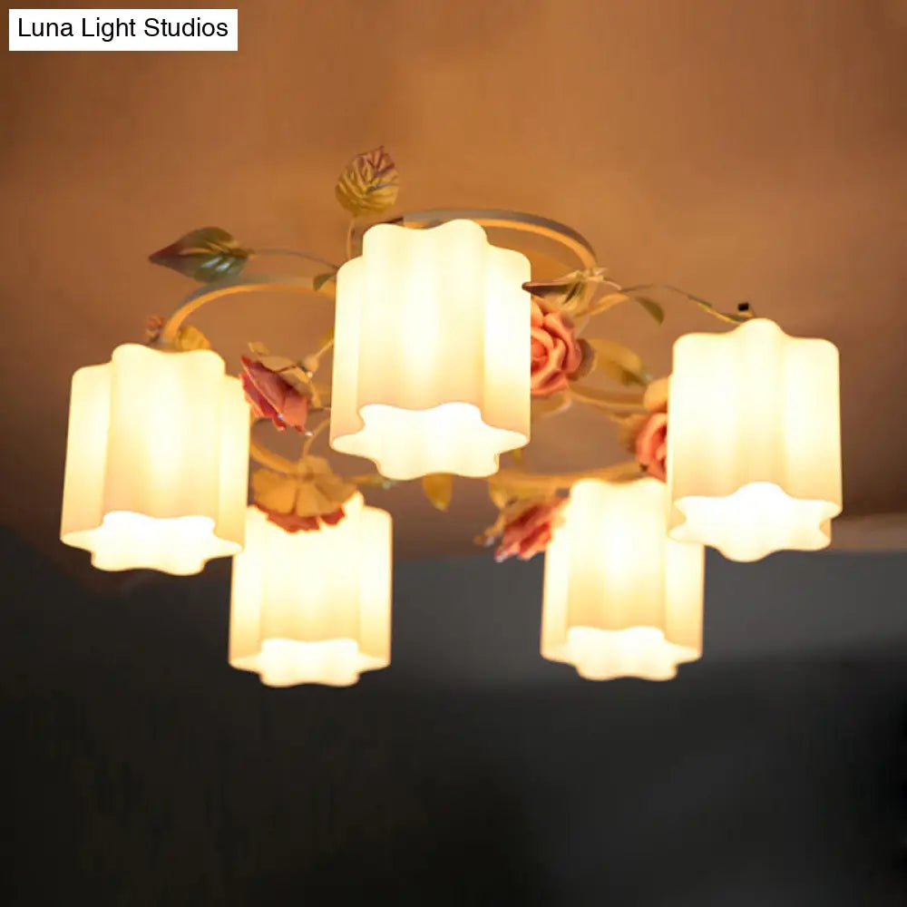 DecorBites™ DecorBites™ Romantic Pastoral Floral Ceiling Flush Chandelier - 3/5-Head, White/Yellow with Frosted Glass - Semi Flush Mount