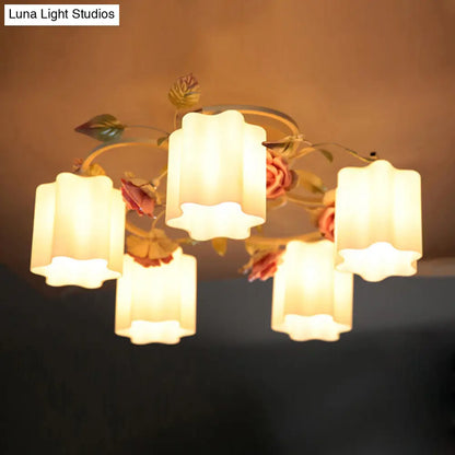 DecorBites™ DecorBites™ Romantic Pastoral Floral Ceiling Flush Chandelier - 3/5-Head, White/Yellow with Frosted Glass - Semi Flush Mount