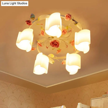 DecorBites™ DecorBites™ Romantic Pastoral Floral Ceiling Flush Chandelier - 3/5-Head, White/Yellow with Frosted Glass - Semi Flush Mount