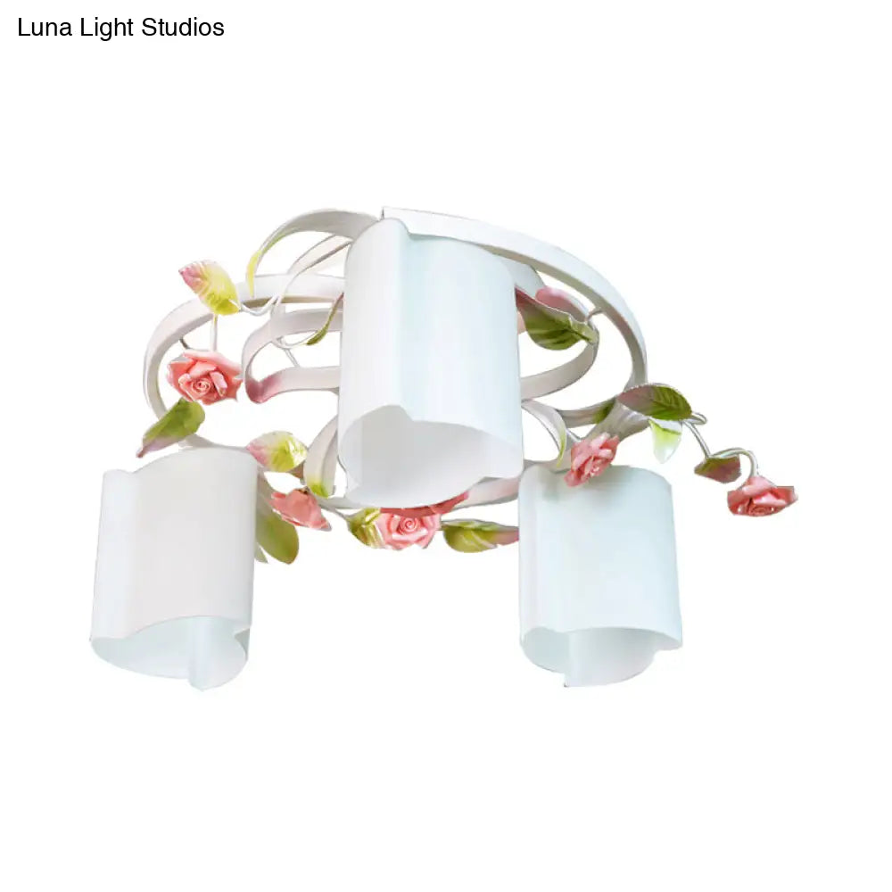 DecorBites™ DecorBites™ Romantic Pastoral Floral Ceiling Flush Chandelier - 3/5-Head, White/Yellow with Frosted Glass - Semi Flush Mount