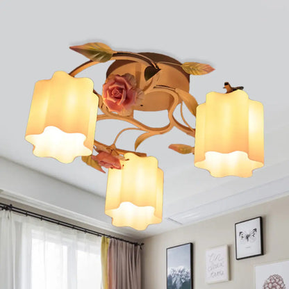 DecorBites™ DecorBites™ Romantic Pastoral Floral Ceiling Flush Chandelier - 3/5-Head, White/Yellow with Frosted Glass - Semi Flush Mount